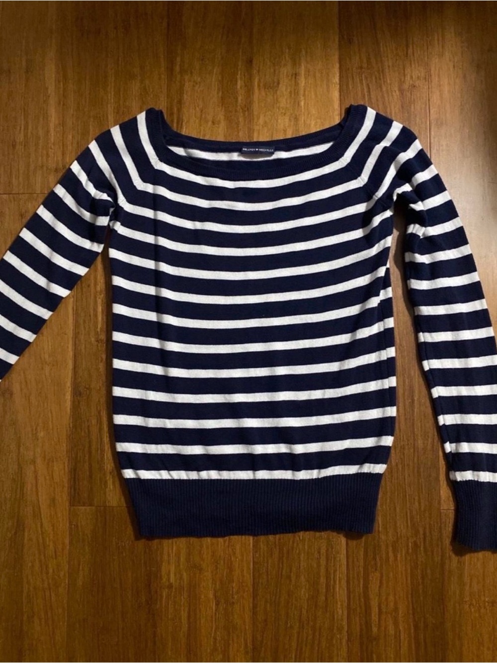Brandy Melville Navy Blue and White Striped Off The Shoulder Sweater